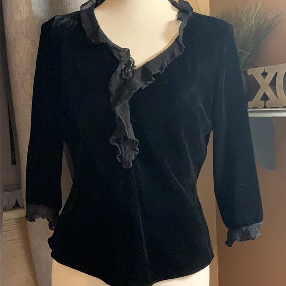 ECI New York Black Velour Chiffon Ruffle Trim Top - Picture 2 of 8